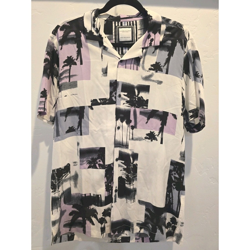 Denim & Flower Shirt Men's Size M Purple/Black Palm Tree Short Sleeveβ Button